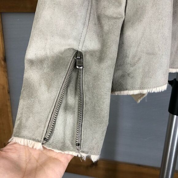 Fantazia Taupe Faux Suede & Cream Faux Fur‎ Lined Cardigan Open Jacket Sz M - Picture 7 of 10